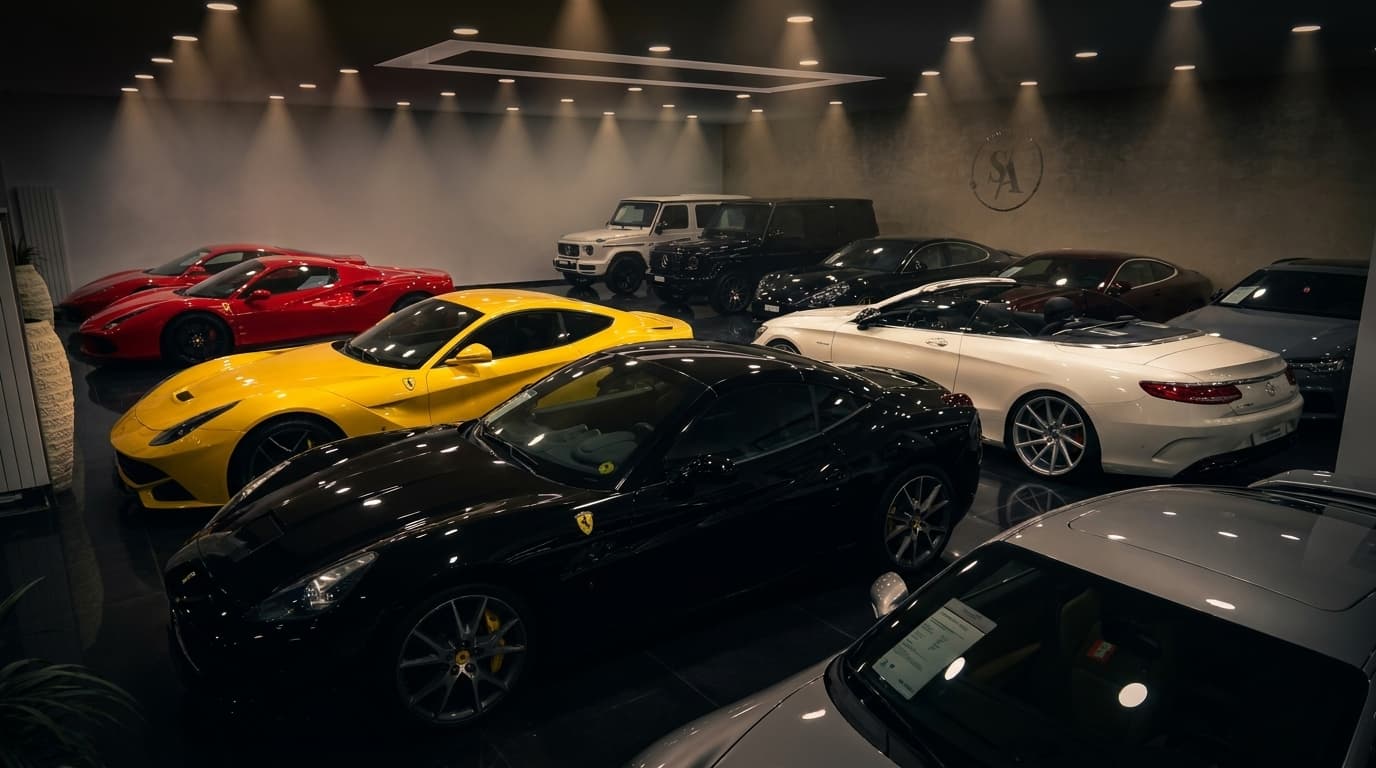 Gelber Ferrari, schwarzes Ferrari California Cabrio und weisses Mercedes-Cabrio im Showroom von Sternenfeld Autocenter in Birsfelden